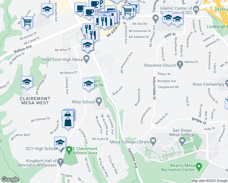 map of restaurants, bars, coffee shops, grocery stores, and more near 3710 Boyd Avenue in San Diego