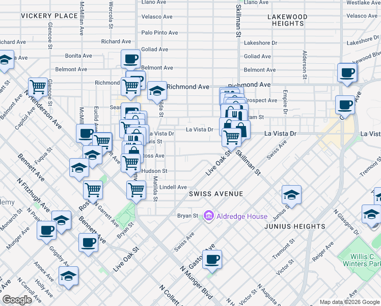 map of restaurants, bars, coffee shops, grocery stores, and more near 5963 Ross Avenue in Dallas