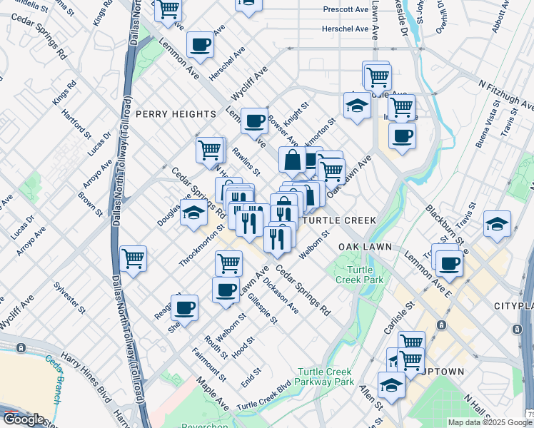 map of restaurants, bars, coffee shops, grocery stores, and more near 3918 North Hall Street in Dallas
