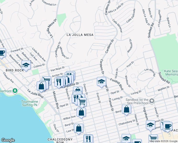 map of restaurants, bars, coffee shops, grocery stores, and more near 1195 Agate Street in San Diego