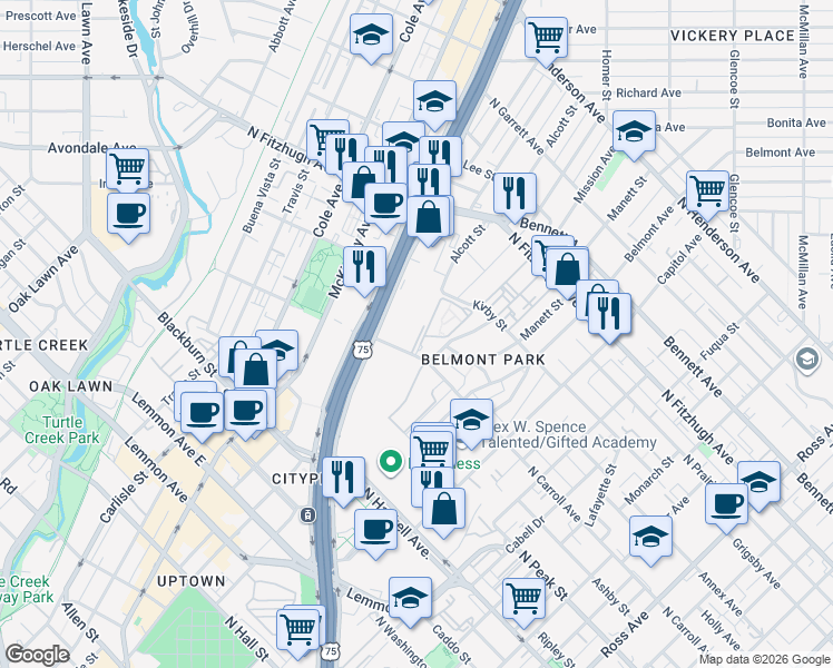 map of restaurants, bars, coffee shops, grocery stores, and more near 2830 North Carroll Avenue in Dallas
