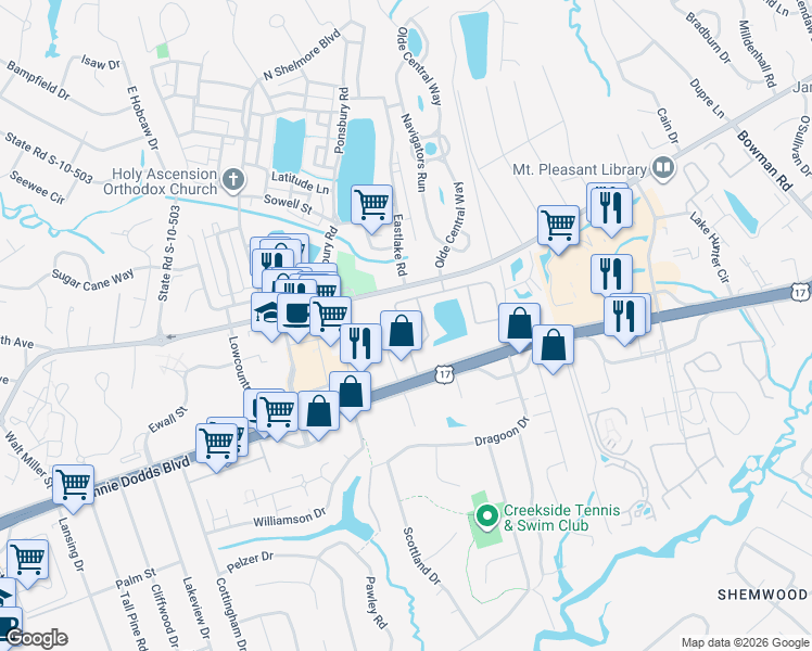 map of restaurants, bars, coffee shops, grocery stores, and more near 307 Lakeside Drive in Mount Pleasant