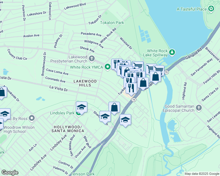 map of restaurants, bars, coffee shops, grocery stores, and more near 7206 Casa Loma Avenue in Dallas