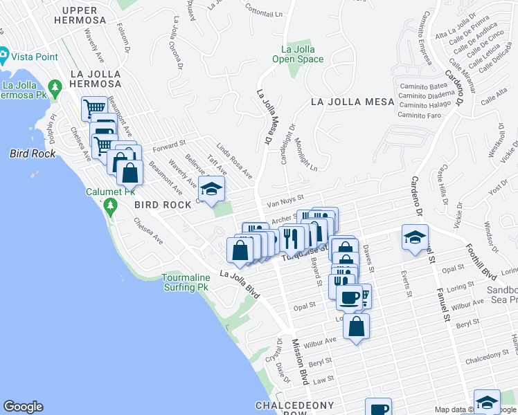 map of restaurants, bars, coffee shops, grocery stores, and more near La Jolla Mesa Dr & Van Nuys St in San Diego