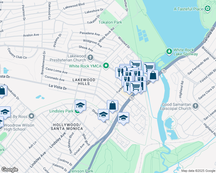 map of restaurants, bars, coffee shops, grocery stores, and more near 7206 Casa Loma Avenue in Dallas