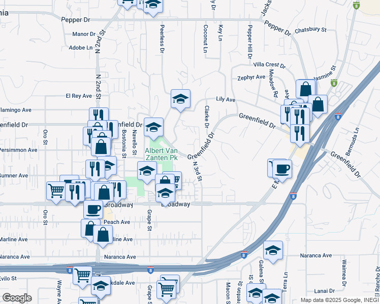 map of restaurants, bars, coffee shops, grocery stores, and more near 1494 Greenfield Drive in El Cajon