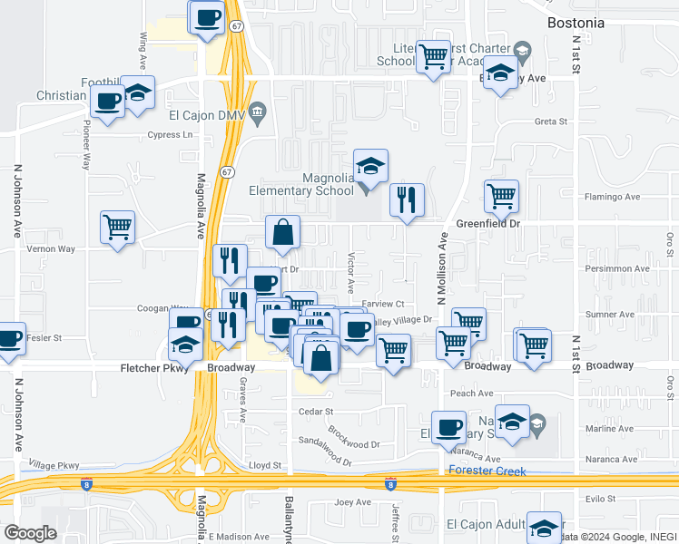 map of restaurants, bars, coffee shops, grocery stores, and more near 529 Hart Drive in El Cajon