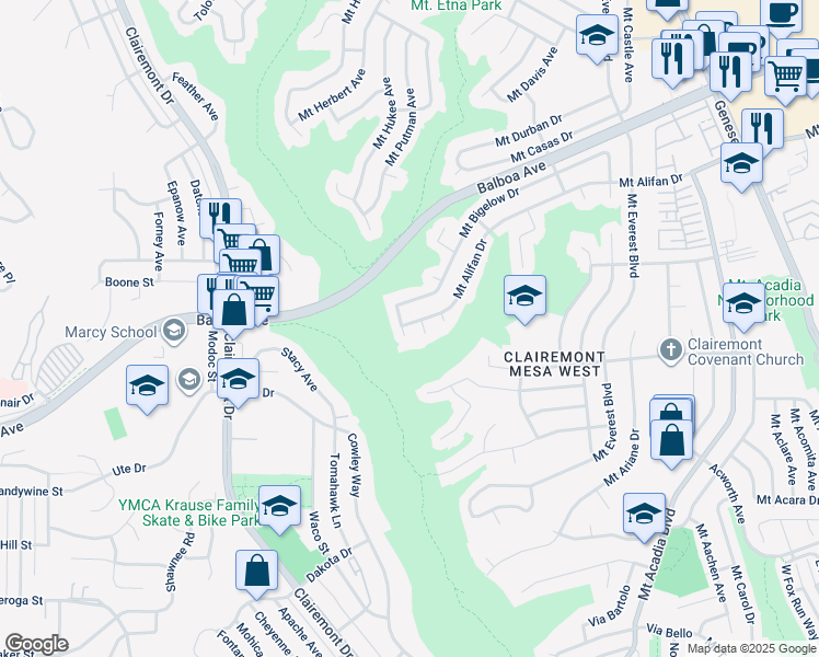 map of restaurants, bars, coffee shops, grocery stores, and more near 4006 Mount Alifan Way in San Diego