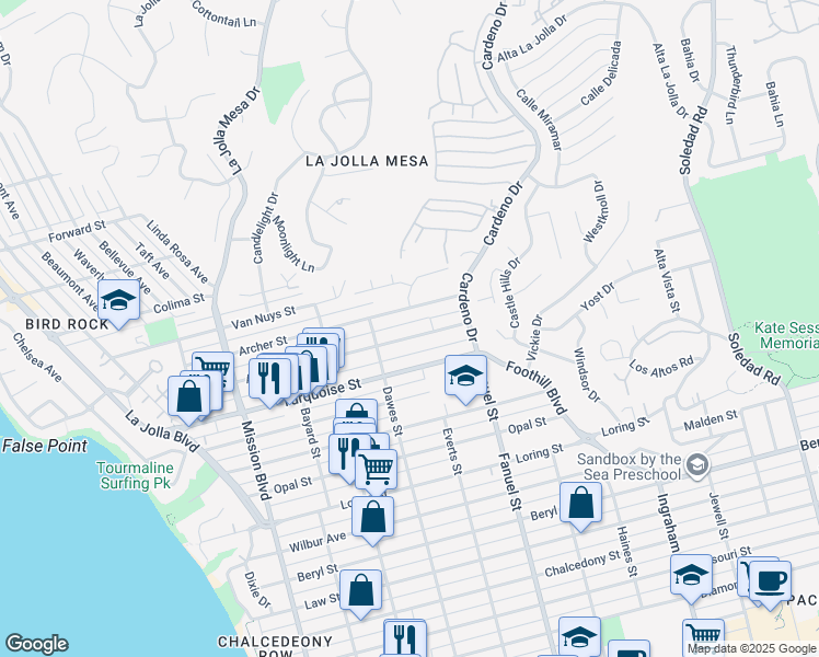 map of restaurants, bars, coffee shops, grocery stores, and more near 1195 Agate Street in San Diego