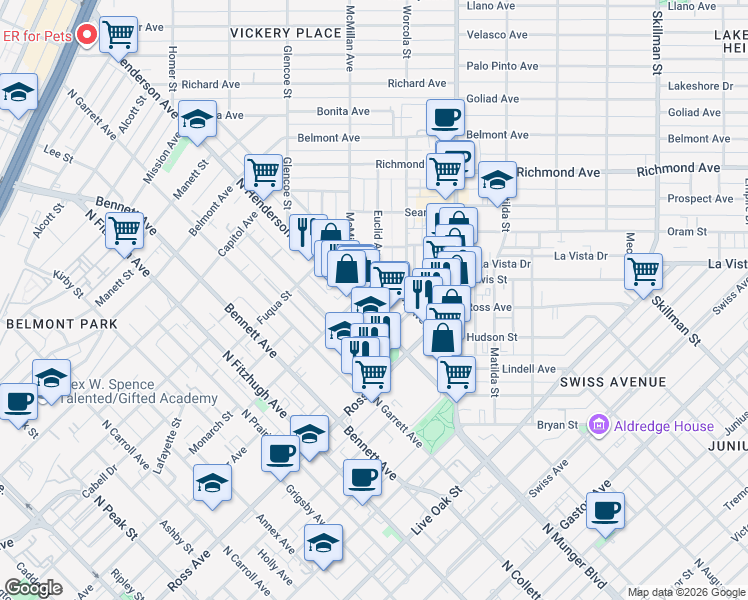 map of restaurants, bars, coffee shops, grocery stores, and more near 1828 North Henderson Avenue in Dallas
