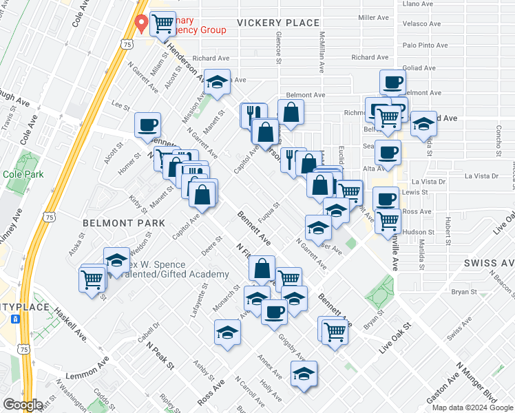map of restaurants, bars, coffee shops, grocery stores, and more near 5023 Fuqua Street in Dallas