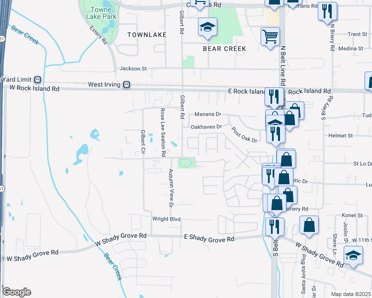 map of restaurants, bars, coffee shops, grocery stores, and more near 3502 Gilbert Road in Grand Prairie