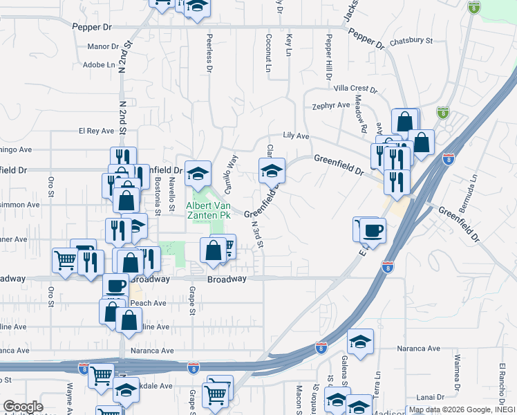 map of restaurants, bars, coffee shops, grocery stores, and more near 1494 Greenfield Drive in El Cajon