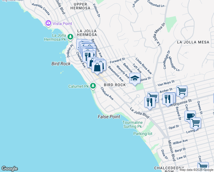 map of restaurants, bars, coffee shops, grocery stores, and more near 5440 La Jolla Boulevard in San Diego