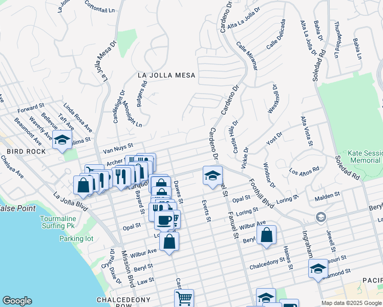 map of restaurants, bars, coffee shops, grocery stores, and more near 1194 Agate Street in San Diego