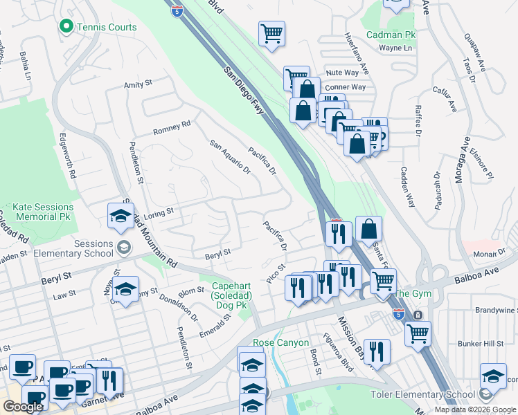 map of restaurants, bars, coffee shops, grocery stores, and more near 2554 San Anselmo Street in San Diego