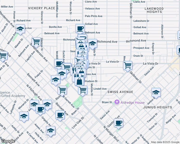 map of restaurants, bars, coffee shops, grocery stores, and more near in Dallas
