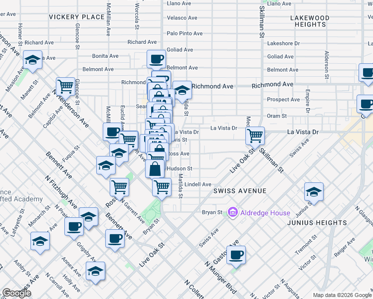 map of restaurants, bars, coffee shops, grocery stores, and more near 5714 Ross Avenue in Dallas