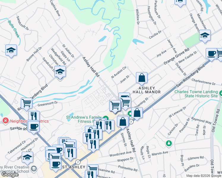 map of restaurants, bars, coffee shops, grocery stores, and more near 1718 Ashley Hall Road in Charleston