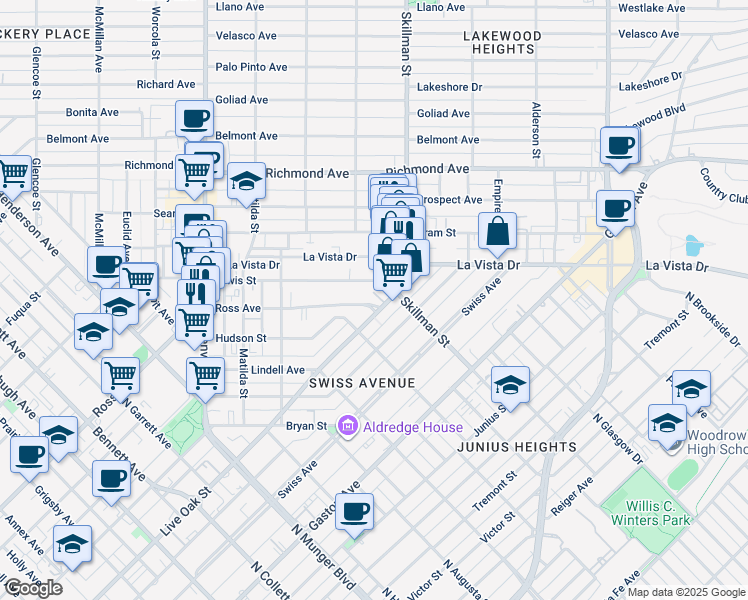 map of restaurants, bars, coffee shops, grocery stores, and more near 6051 Ross Avenue in Dallas