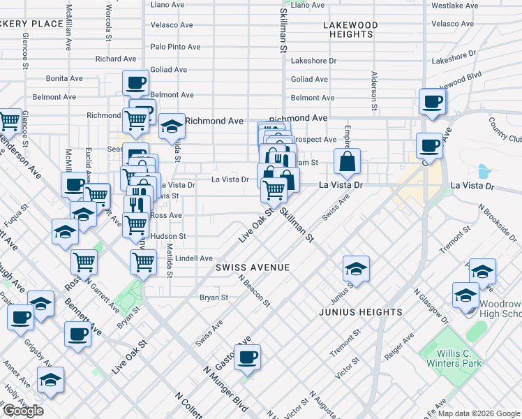 map of restaurants, bars, coffee shops, grocery stores, and more near 6051 Ross Avenue in Dallas