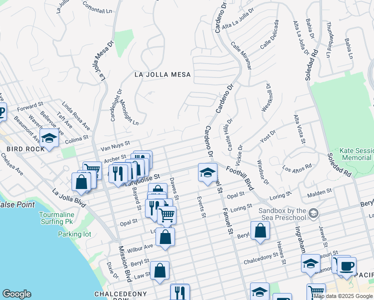 map of restaurants, bars, coffee shops, grocery stores, and more near 1194 Agate Street in San Diego