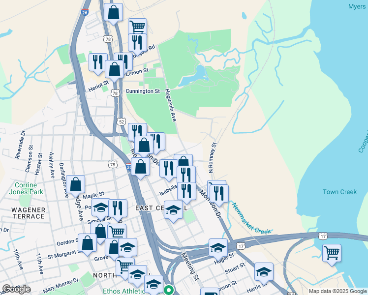 map of restaurants, bars, coffee shops, grocery stores, and more near Huguenin Avenue in Charleston