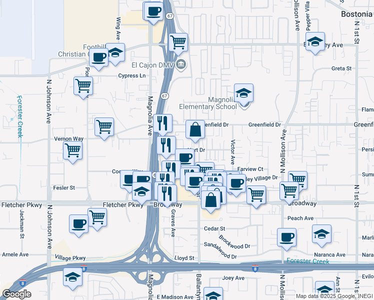 map of restaurants, bars, coffee shops, grocery stores, and more near 321 Hart Drive in El Cajon