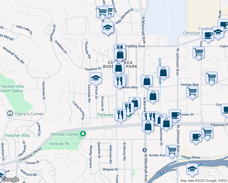 map of restaurants, bars, coffee shops, grocery stores, and more near 1343 Heron Avenue in El Cajon