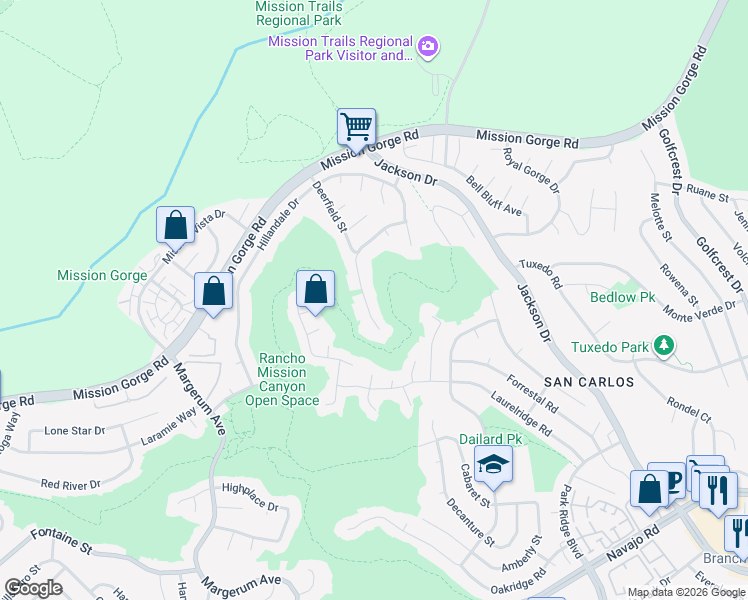map of restaurants, bars, coffee shops, grocery stores, and more near 7857 Deerfield Street in San Diego