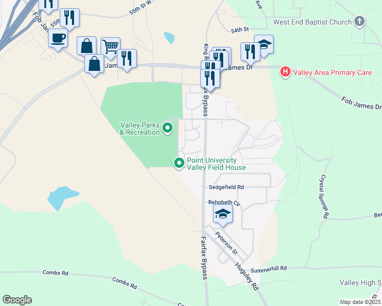 map of restaurants, bars, coffee shops, grocery stores, and more near Ram Stadium Drive in Valley