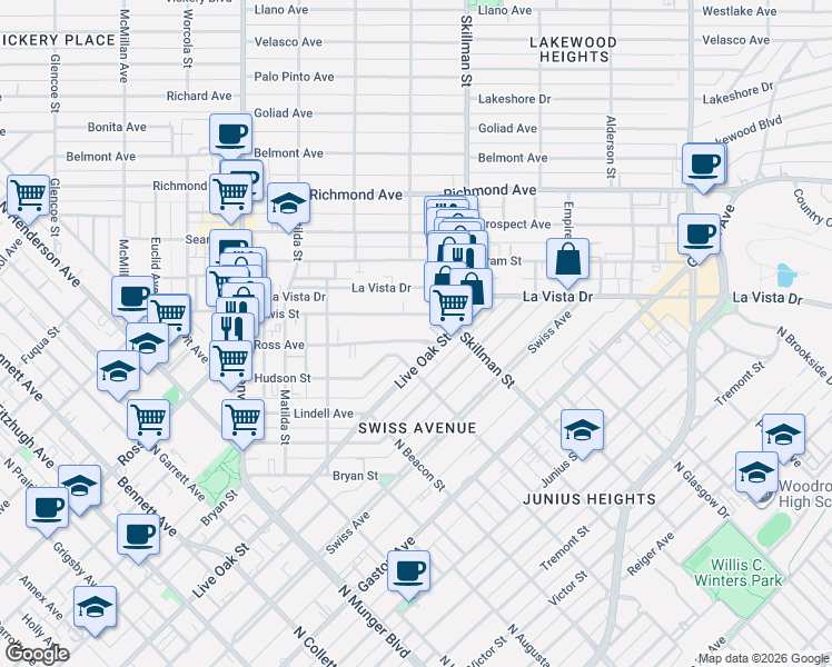 map of restaurants, bars, coffee shops, grocery stores, and more near 6008 Ross Avenue in Dallas
