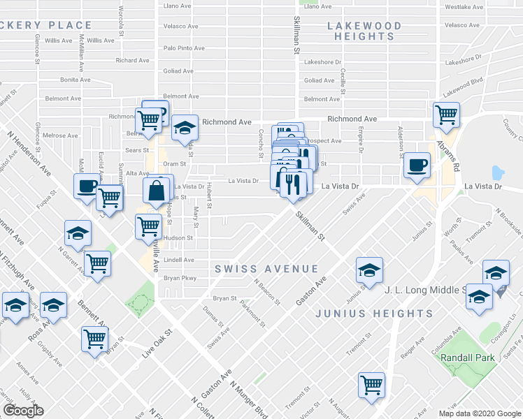 map of restaurants, bars, coffee shops, grocery stores, and more near 6008 Ross Avenue in Dallas
