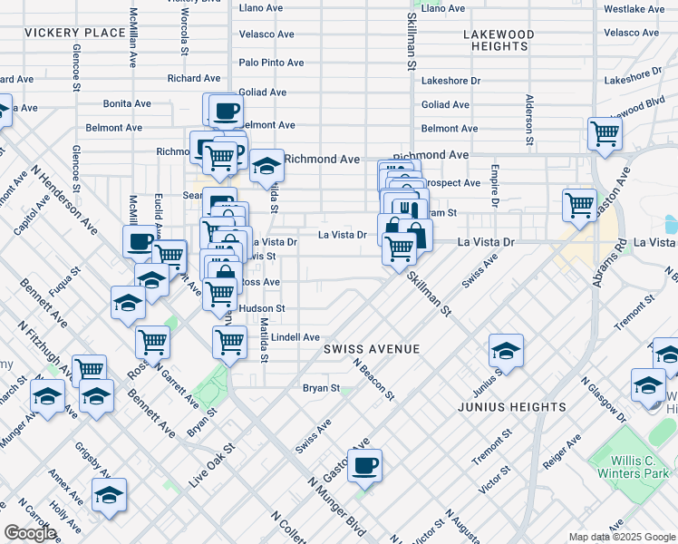 map of restaurants, bars, coffee shops, grocery stores, and more near 5946 Ross Avenue in Dallas