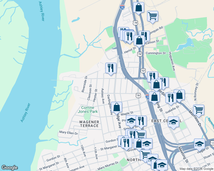 map of restaurants, bars, coffee shops, grocery stores, and more near 131 Darlington Avenue in Charleston