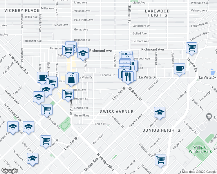 map of restaurants, bars, coffee shops, grocery stores, and more near 5946 Ross Avenue in Dallas