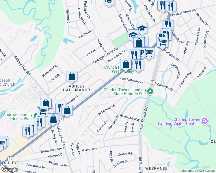 map of restaurants, bars, coffee shops, grocery stores, and more near 1590 Spencer Street in Charleston
