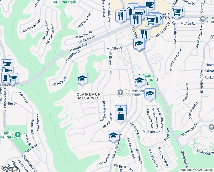 map of restaurants, bars, coffee shops, grocery stores, and more near 3883 Mount Everest Boulevard in San Diego
