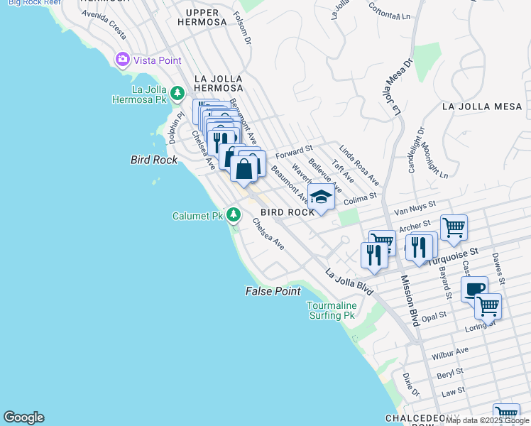 map of restaurants, bars, coffee shops, grocery stores, and more near 5410-5490 La Jolla Boulevard in San Diego