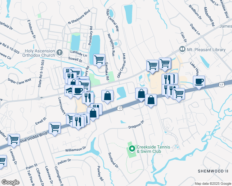 map of restaurants, bars, coffee shops, grocery stores, and more near 320 Lakeside Drive in Mount Pleasant