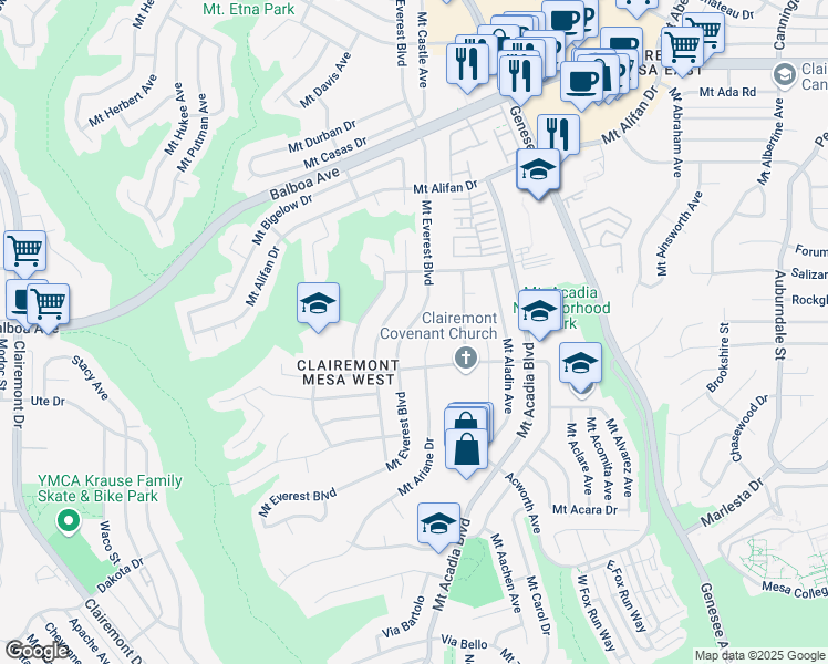 map of restaurants, bars, coffee shops, grocery stores, and more near 3883 Mount Everest Boulevard in San Diego
