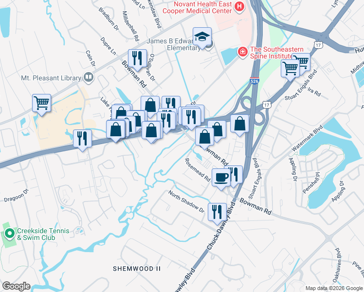 map of restaurants, bars, coffee shops, grocery stores, and more near 1096 Rosemead Road in Mount Pleasant