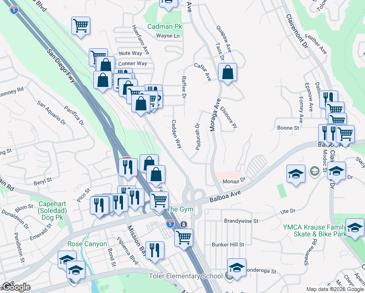 map of restaurants, bars, coffee shops, grocery stores, and more near 3865 Cadden Way in San Diego