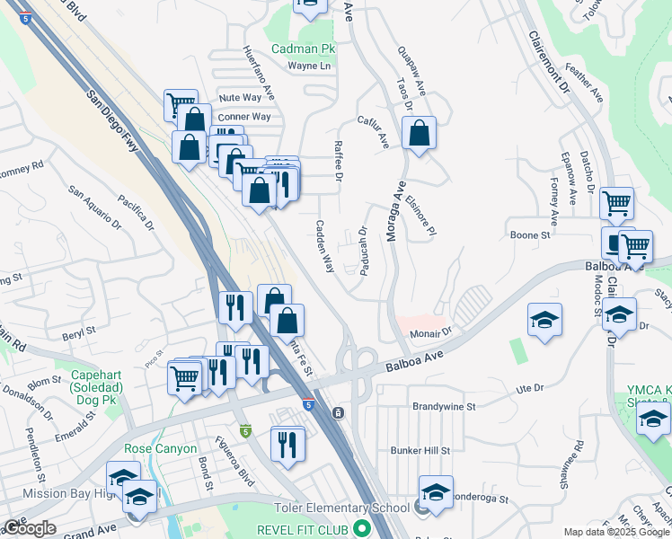 map of restaurants, bars, coffee shops, grocery stores, and more near 3865 Cadden Way in San Diego