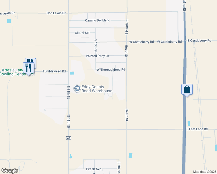 map of restaurants, bars, coffee shops, grocery stores, and more near 2701 Quarter Horse Drive in Artesia