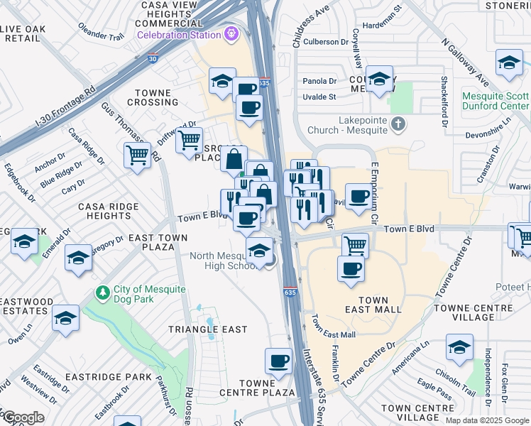 map of restaurants, bars, coffee shops, grocery stores, and more near 124 Lyndon B Johnson Freeway in Mesquite