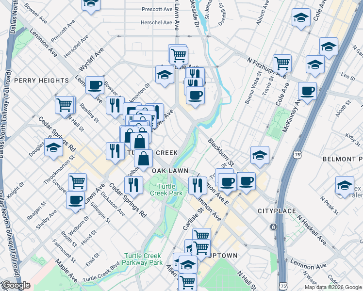 map of restaurants, bars, coffee shops, grocery stores, and more near 3621 Turtle Creek Boulevard in Dallas