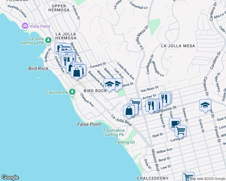 map of restaurants, bars, coffee shops, grocery stores, and more near 623 Colima Street in San Diego