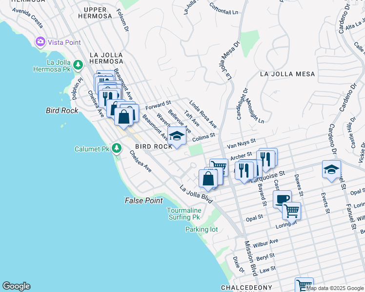 map of restaurants, bars, coffee shops, grocery stores, and more near 623 Colima Street in San Diego
