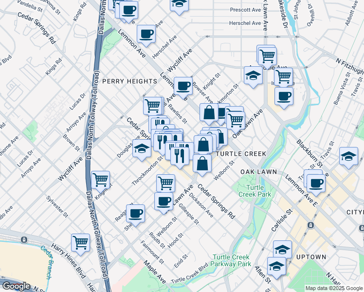 map of restaurants, bars, coffee shops, grocery stores, and more near 3935 North Hall Street in Dallas